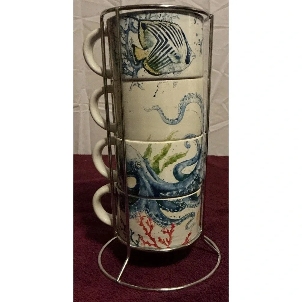 Pier 1 Sea Life 4 Stackable Mugs Set Seahorse Octopus Angelfish Crab